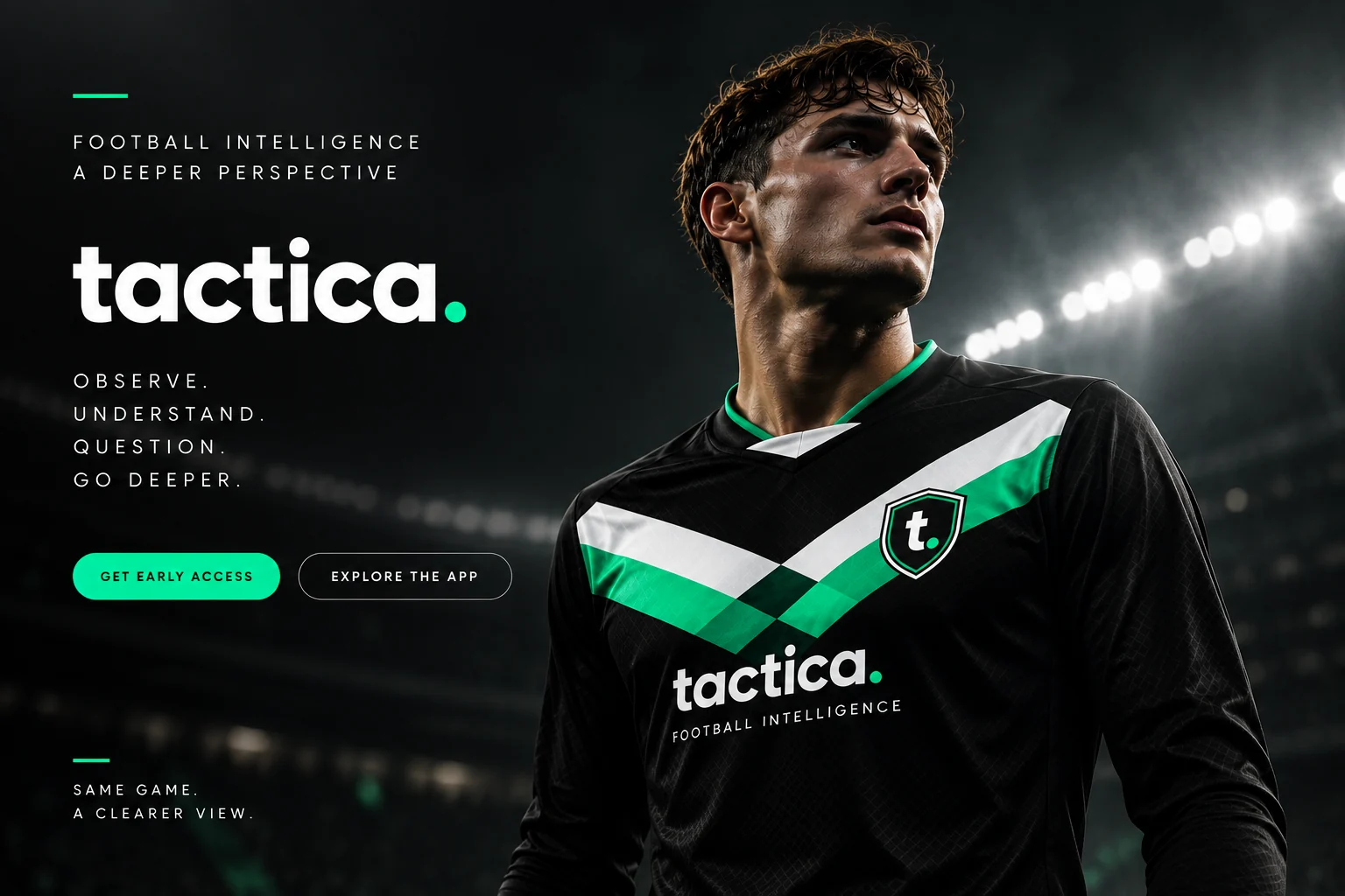 Footballer wearing the official black, white and bright-green tactica. kit